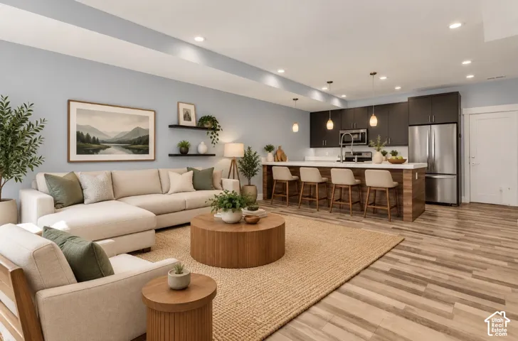 Open-concept living space featuring wood-finish flooring and recessed lighting