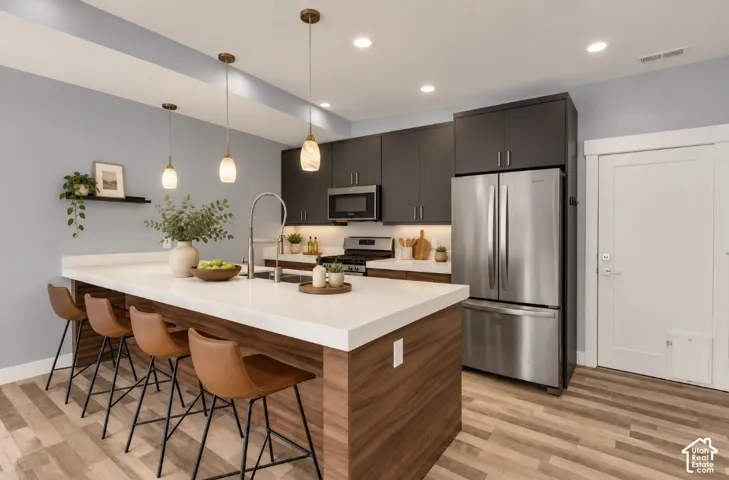 Kitchen featuring an expansive island with a white countertop, dark wood-finish cabinetry, stainless steel appliances, and pendant lighting
