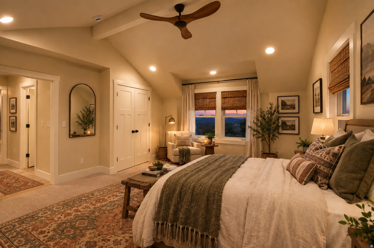 Virtually staged:  Vaulted ceiling with a wood-finish ceiling fan, recessed lighting, and wall-mounted light fixtures