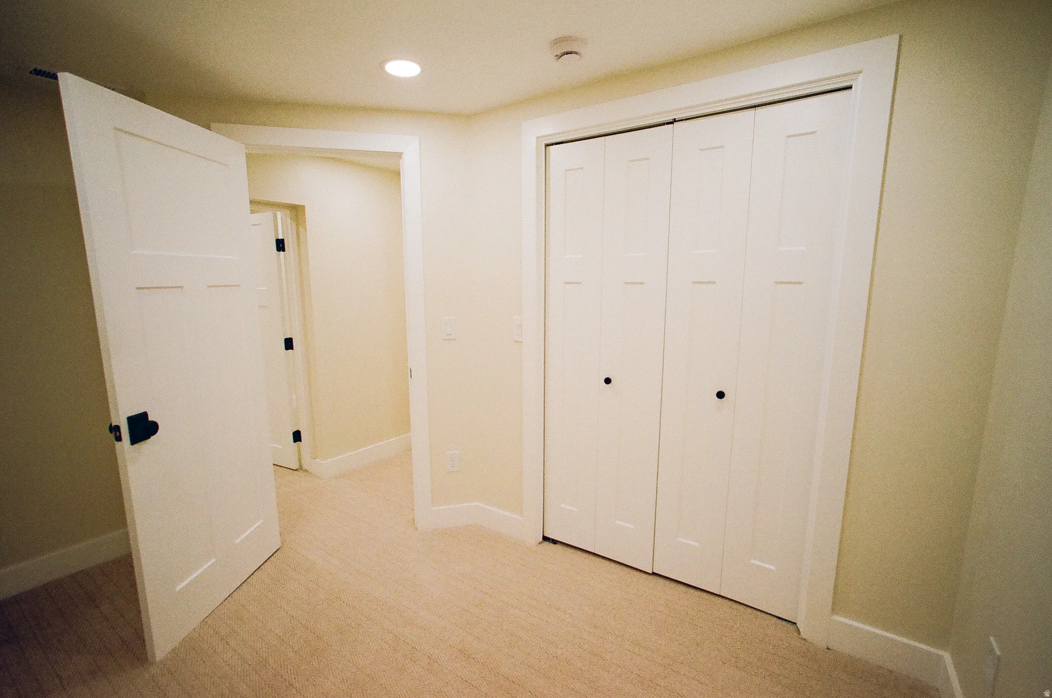 Neutral-toned carpeting, white trim, and a white bi-fold closet door with black hardware