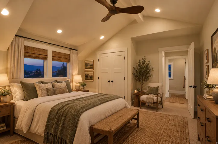 Virtually staged: Vaulted ceiling with exposed beam, recessed lighting, and wood-finish ceiling fan