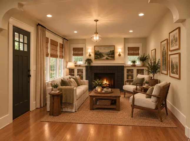 Virtually Staged - Wood-finish flooring throughout, recessed lighting, and a dark tile fireplace surround with built-in cabinetry