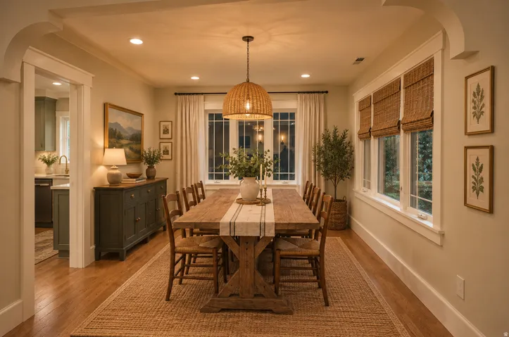 Virtually Staged: Hardwood flooring, recessed lighting, and an arched doorway
