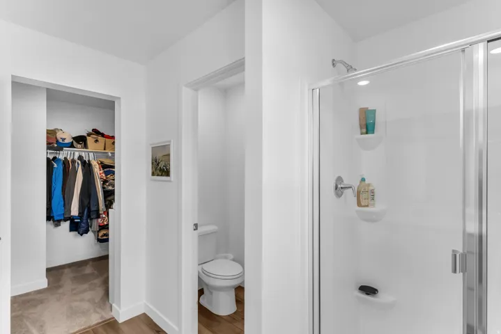 Walk-in closet with carpet flooring, separate water closet, and shower with glass enclosure