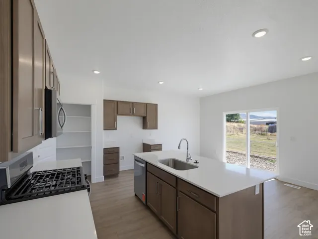 Kitchen featuring wood-finish flooring, recessed lighting, white countertops, and a stainless steel sink with a gooseneck faucet