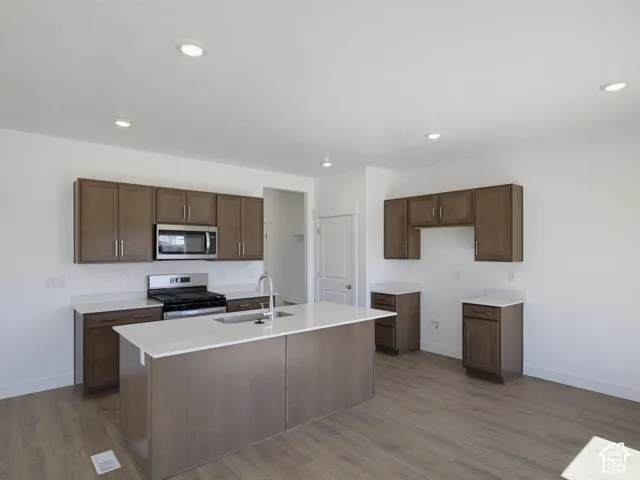 Kitchen featuring wood-finish flooring, recessed lighting, and a kitchen island with an integrated sink