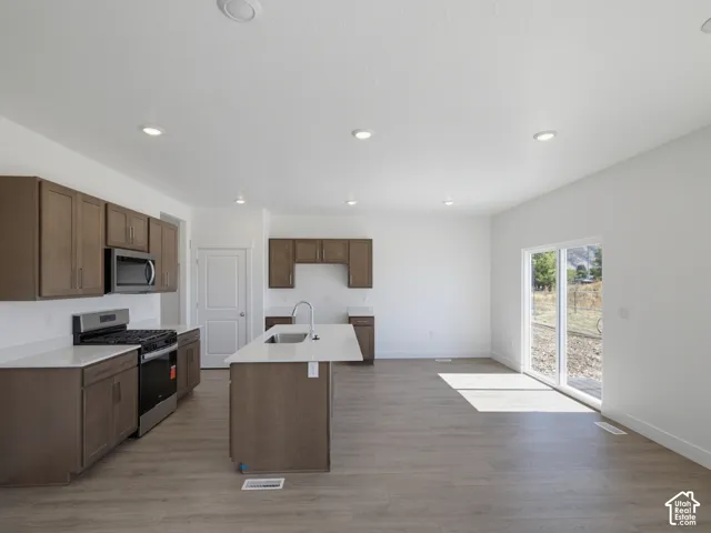 Kitchen with wood-finish cabinetry, stainless steel appliances, and an island with an undermount sink