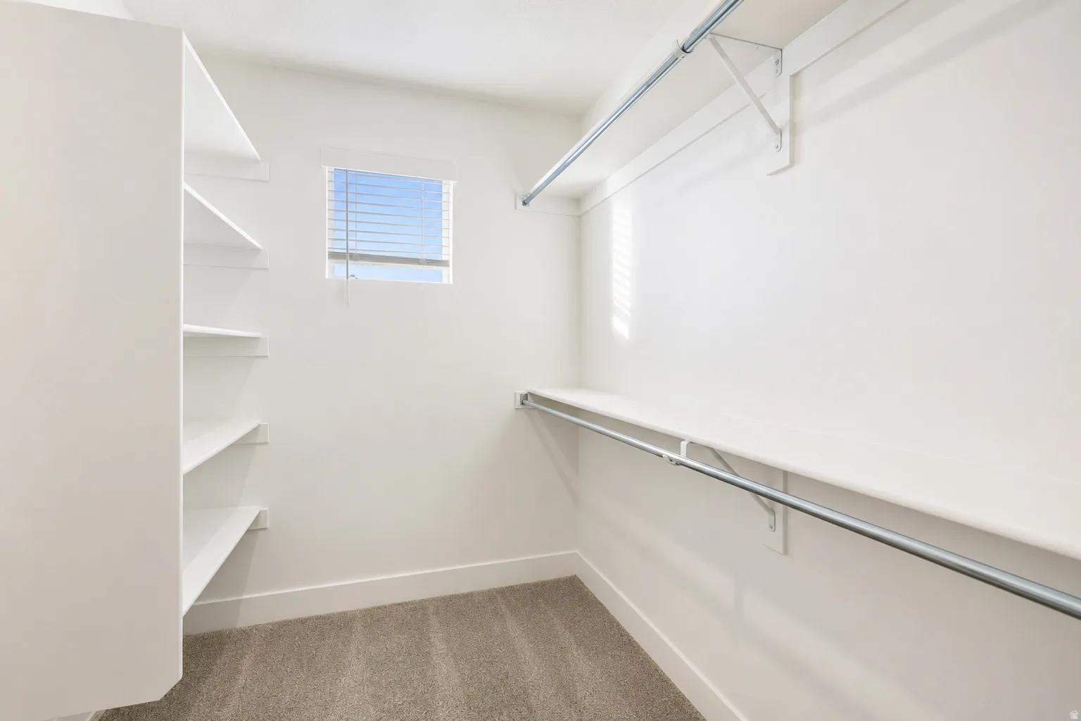 Built-in shelving, hanging rods, and a window with blinds