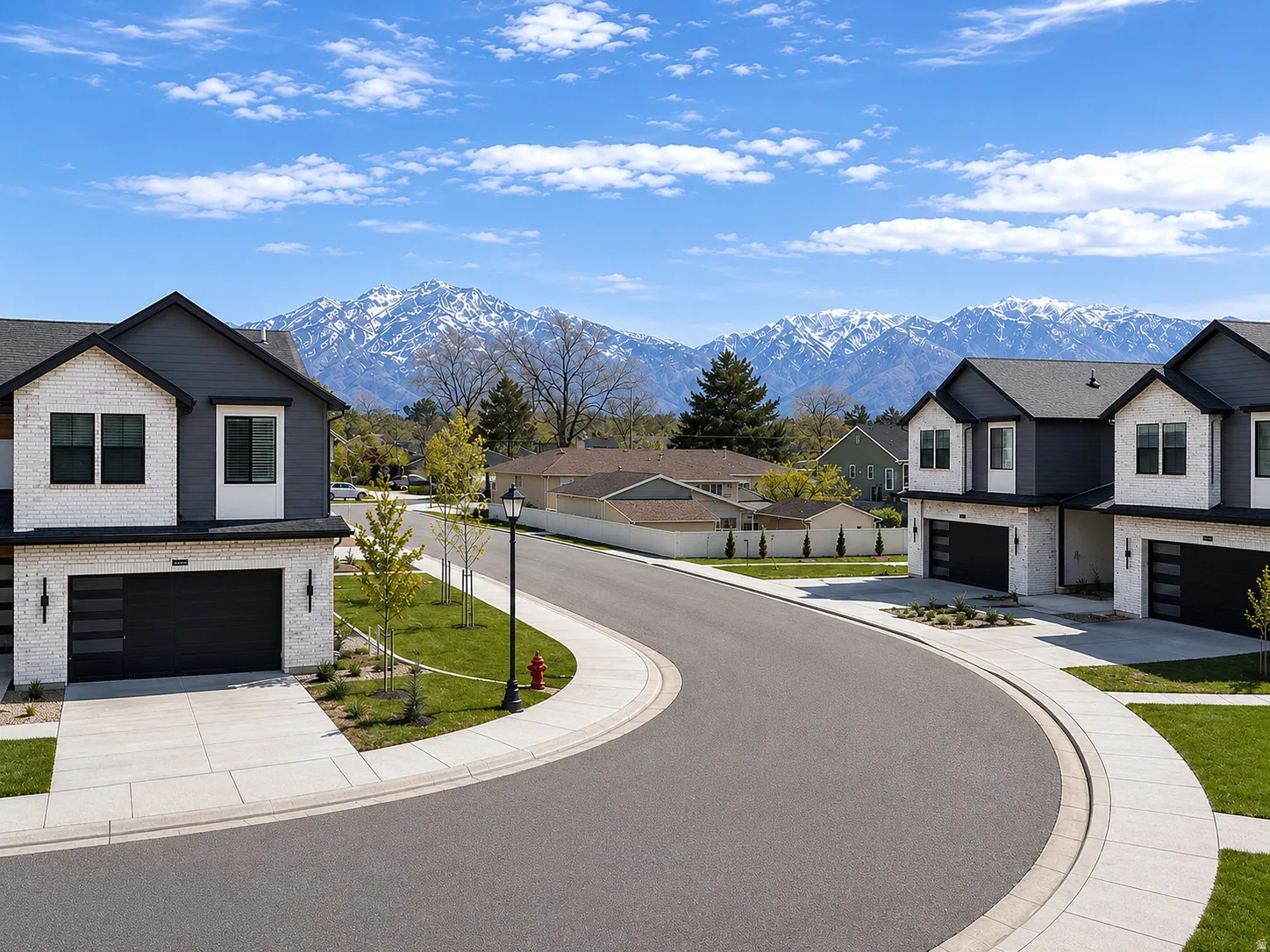 Modern residences featuring white brick and dark siding exteriors, attached garages, and a paved driveway