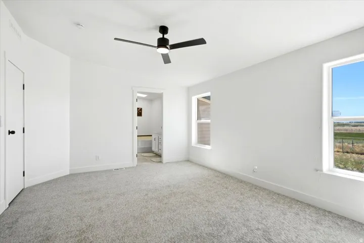 Bright room featuring light gray carpet, a black ceiling fan, and two windows