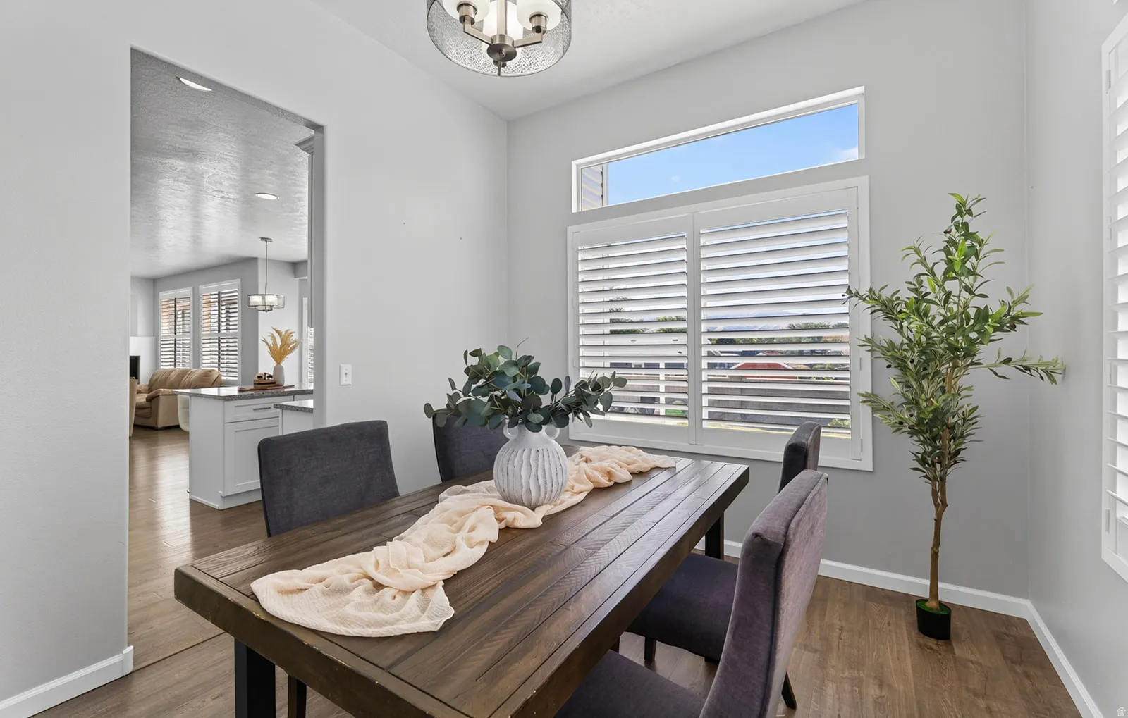 Wood-finish flooring, overhead lighting, and a transom window with plantation shutters