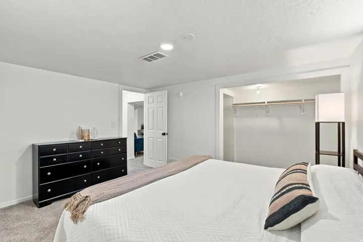 Recessed lighting, wall-to-wall carpeting, and a built-in closet with shelving and hanging rod