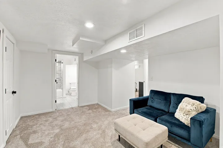Plush carpeted flooring, recessed lighting, and a white paneled door
