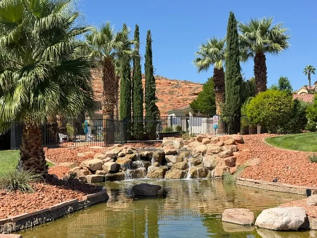 Water feature with rock waterfall, surrounded by manicured landscaping, mature palm trees, and cypress trees