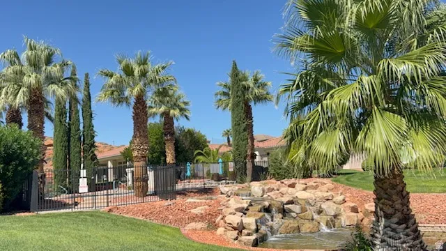 Lush landscaping with mature palm trees, rock waterfall feature, manicured lawn, and secure perimeter fencing
