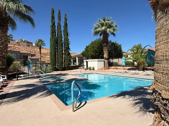Community pool with integrated hot tub, surrounded by mature palm trees and landscaped rock features