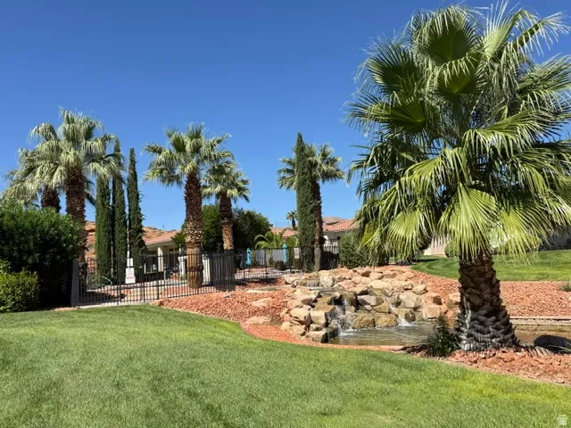 Expansive outdoor space featuring lush lawn, mature palm trees, a rock waterfall, and a black wrought iron fence