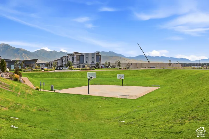 Expansive green space featuring a concrete sports court with two basketball hoops and surrounding benches