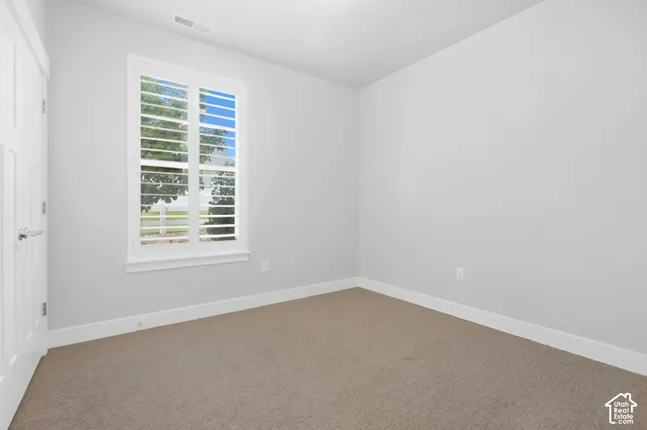 Window with white plantation shutters, light gray wall finish, and neutral carpet flooring