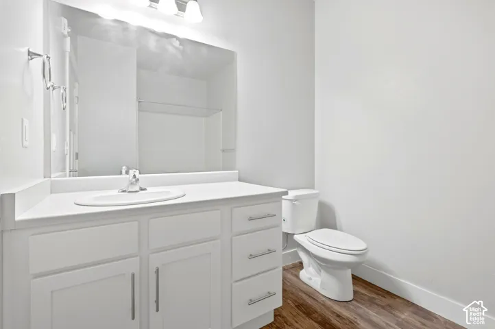 White vanity with integrated sink, chrome faucet, white countertop, and wood-finish flooring