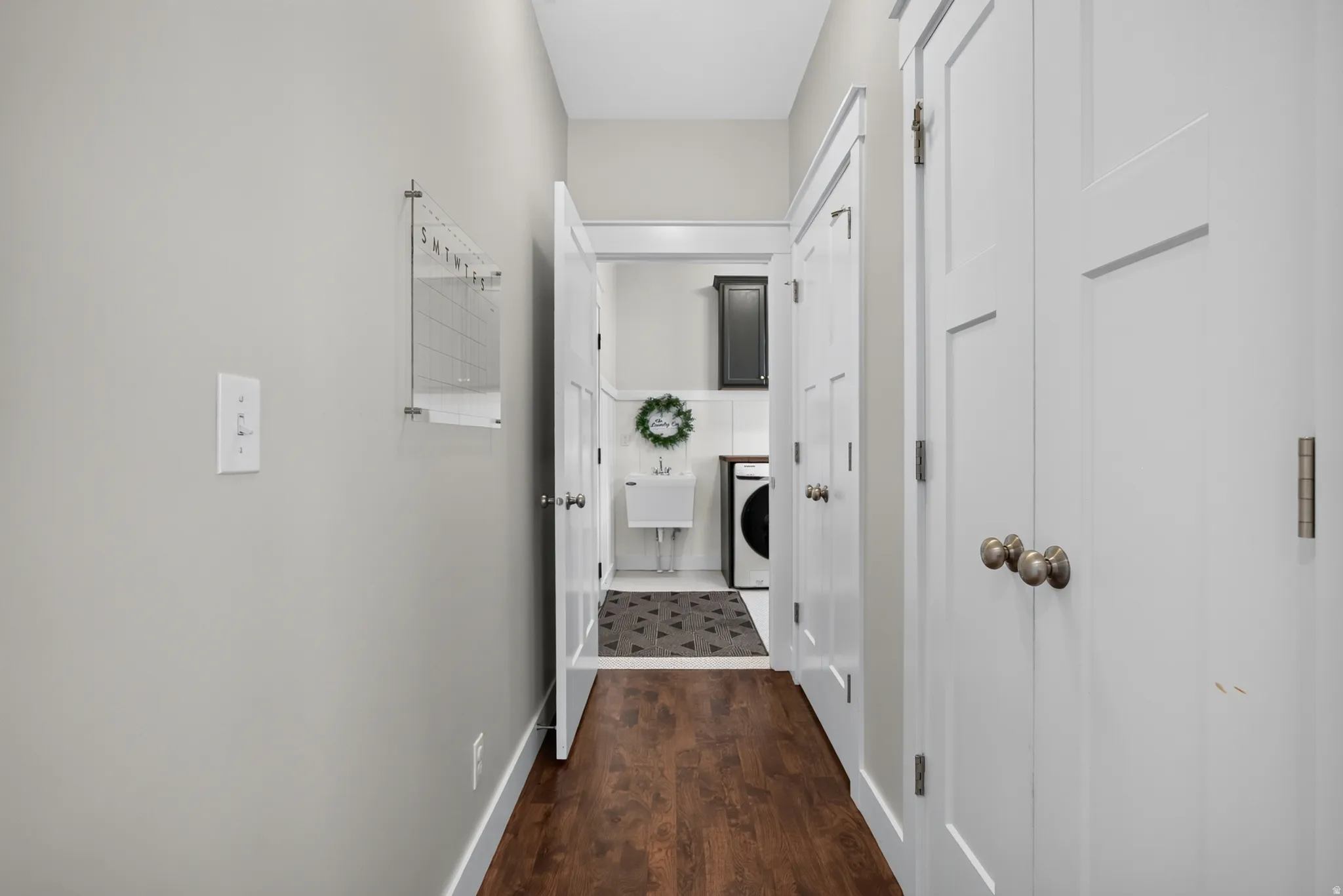 Wood-finish flooring with white trim