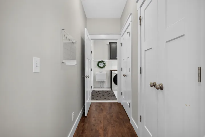 Wood-finish flooring with white trim