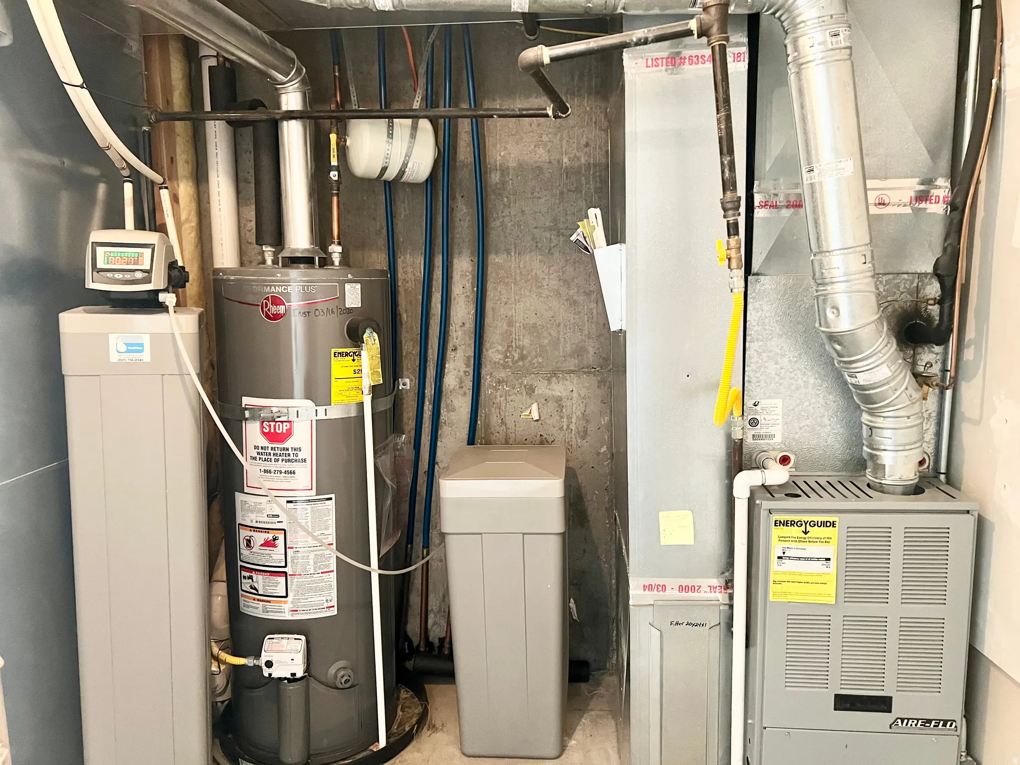 Water heater, water softener, and furnace system