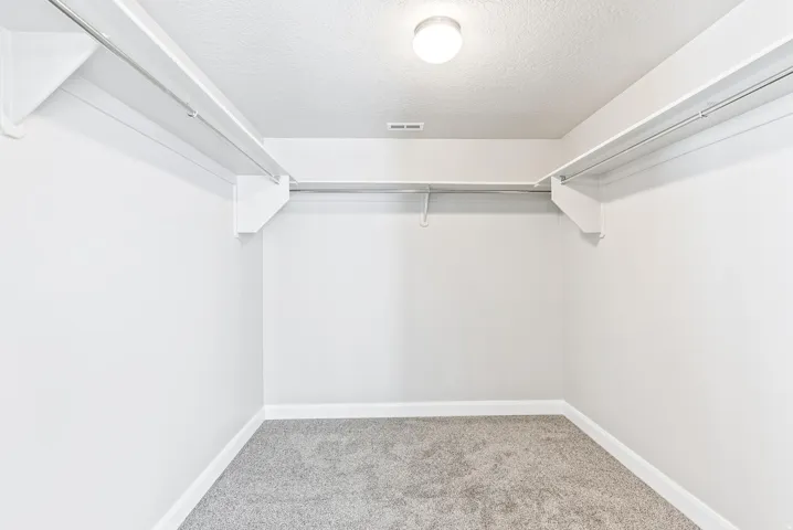 Recessed lighting fixture, carpeted flooring, and built-in shelving with hanging rods