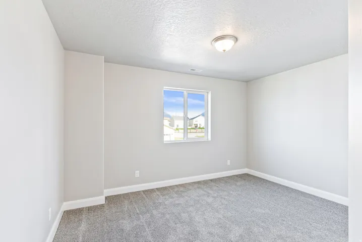 Bright room featuring a double window, textured ceiling, and neutral-toned wall-to-wall carpeting