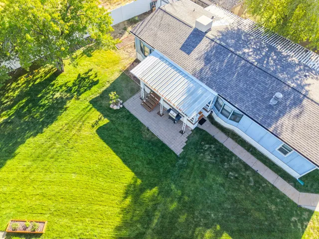 Expansive backyard with a large lawn area, mature shade tree, and paver patio