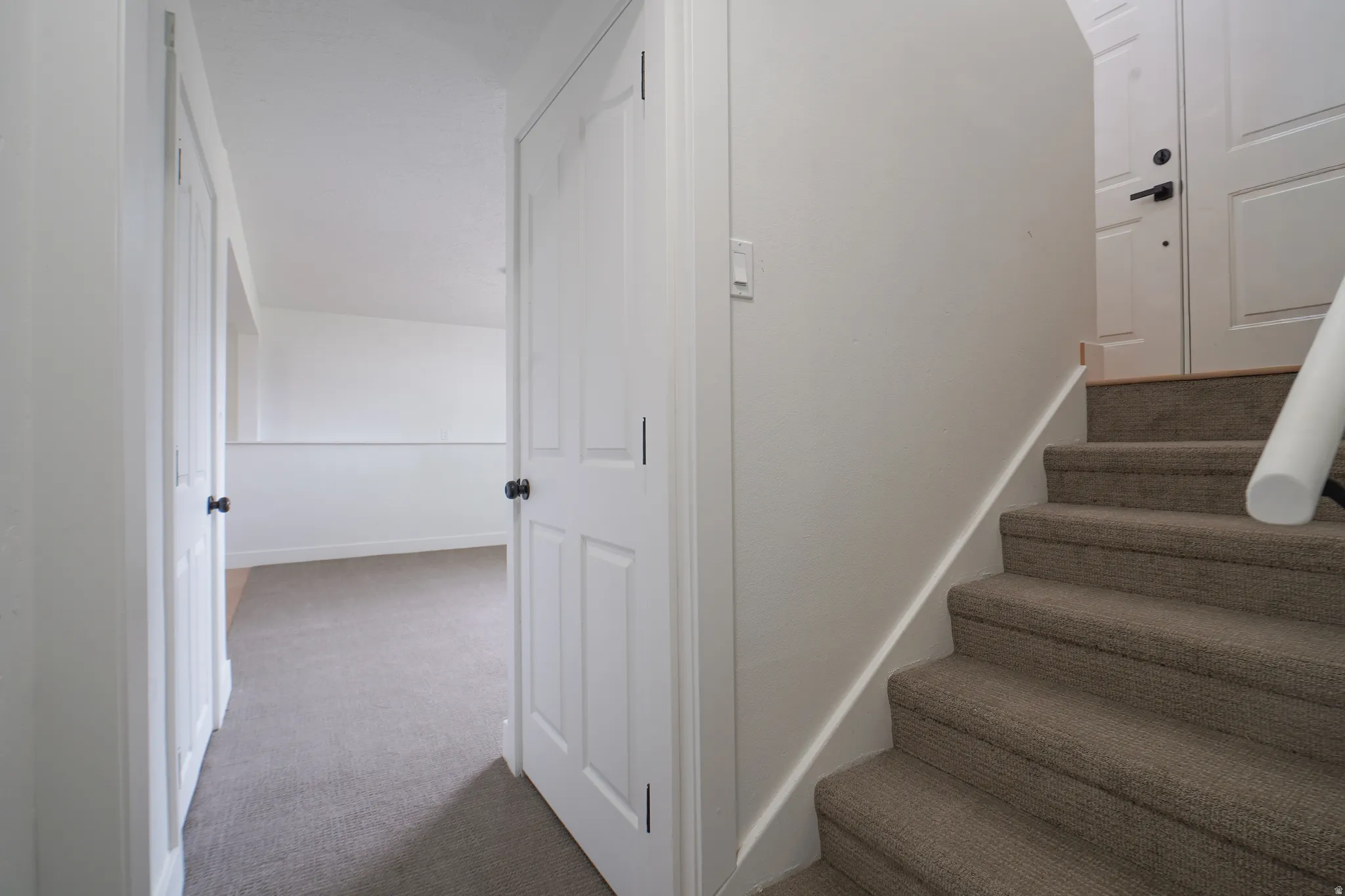 Carpeted staircase, white interior doors with black hardware, and neutral wall tones