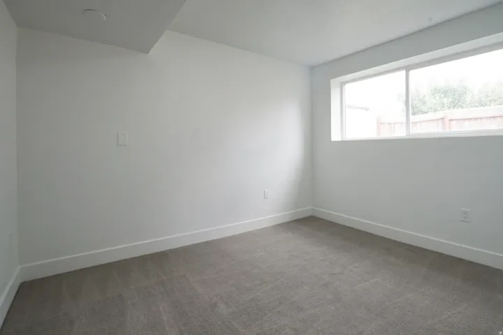 Recessed ceiling light, neutral wall paint, white trim, and carpet flooring