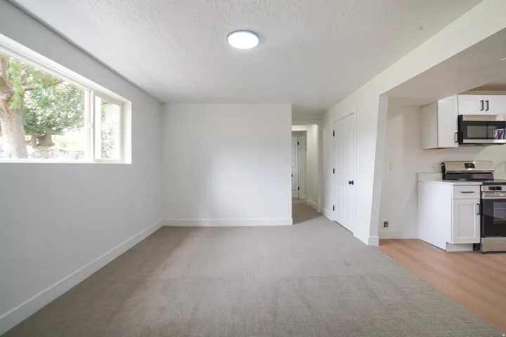 Recessed ceiling light, neutral carpeting, window with outdoor scenery, built-in white cabinets, and stainless steel appliances