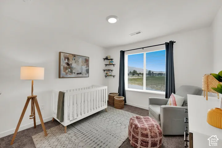 Recessed ceiling lighting, a large window with blinds, dark curtain rods, wall-mounted shelving, and carpeted flooring