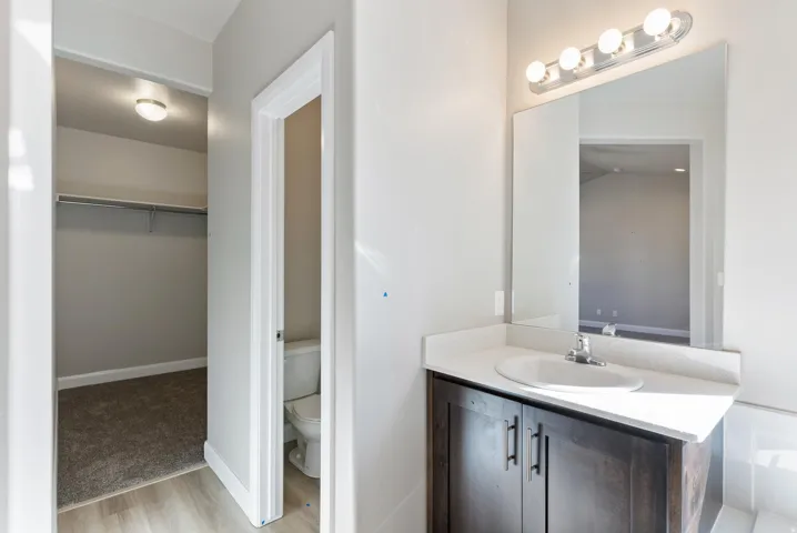 Dark wood-finish vanity with an integrated sink, light-toned countertop, and a large mirror with overhead lighting