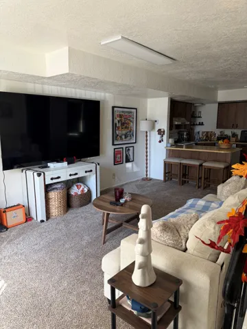 Carpeted flooring, recessed ceiling lighting, and a kitchen pass-through with a breakfast bar