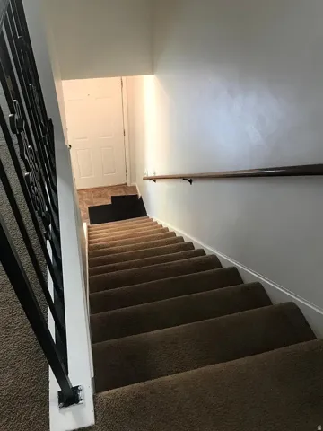 Carpeted staircase with a wood handrail and decorative metal balusters