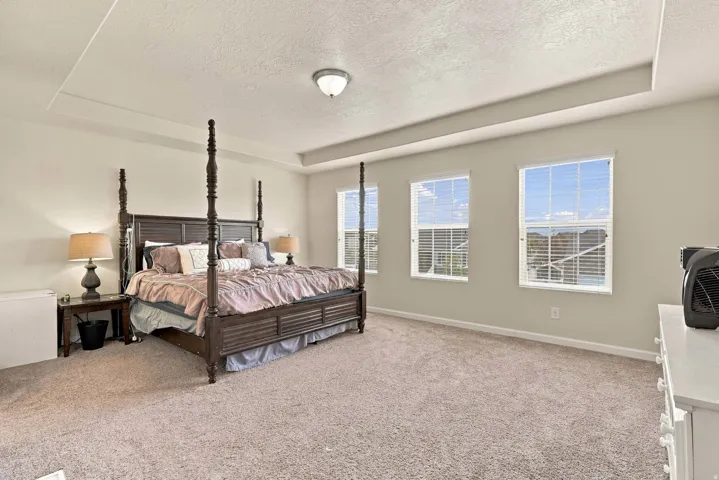Tray ceiling, recessed lighting, neutral wall tones, three large windows, and carpet flooring