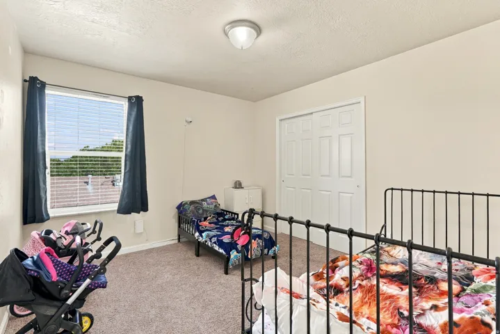 Carpeted room with a ceiling-mounted light fixture, a window with horizontal blinds, and a white sliding closet door