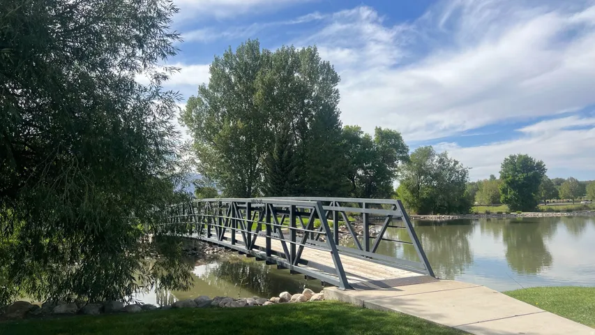 Pedestrian bridge with metal railing and concrete pathway