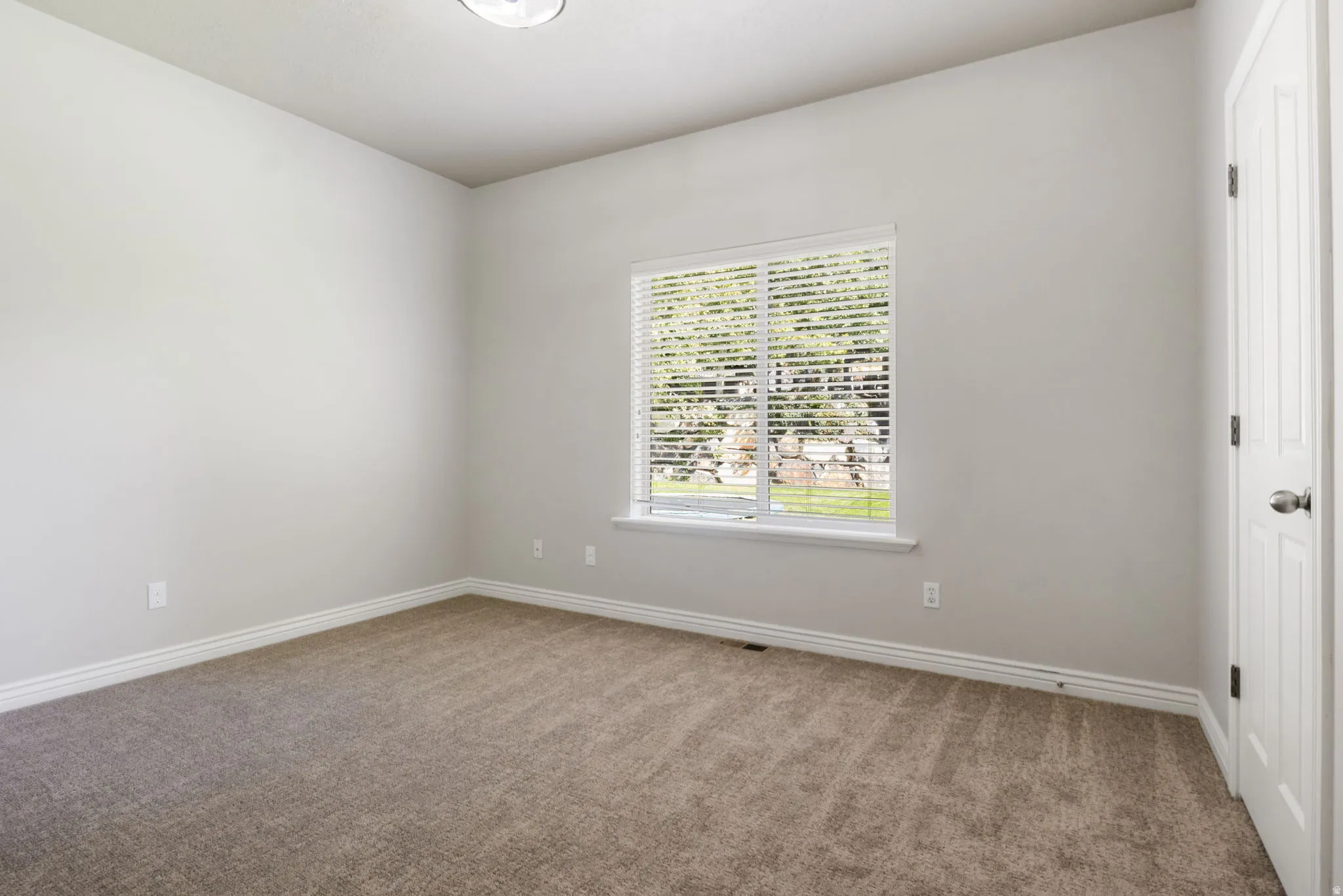 Neutral-toned carpeting, light gray wall paint, and a window with white blinds