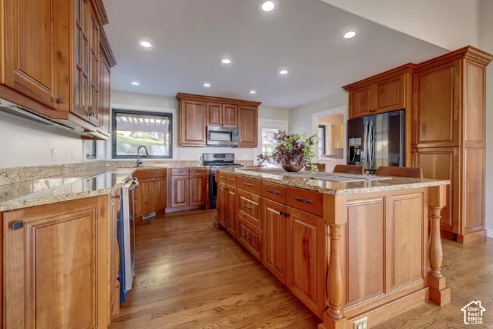 Kitchen featuring wood cabinetry, granite countertops, a large center island with seating, a built-in refrigerator, and wood-finish flooring