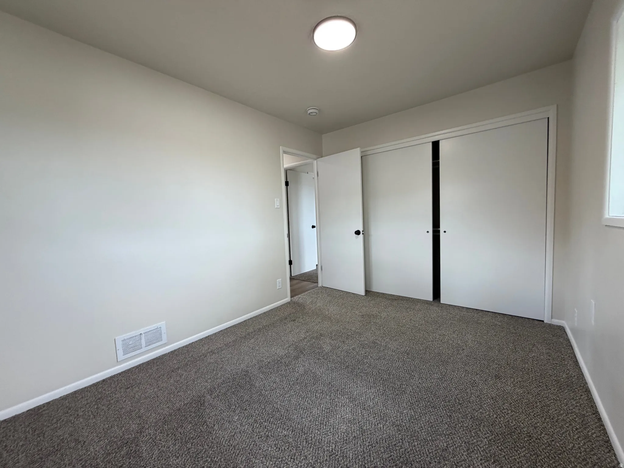 Neutral wall color with plush carpet flooring, featuring a flush-mount ceiling light fixture and a double-door closet with black hardware