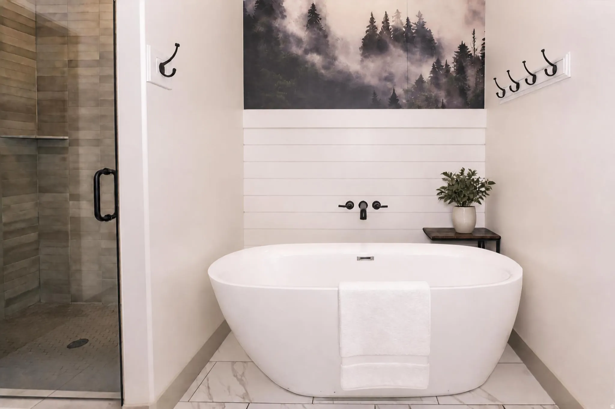 Primary Bathroom with Freestanding Tub and Tiled Shower with Double Shower Heads