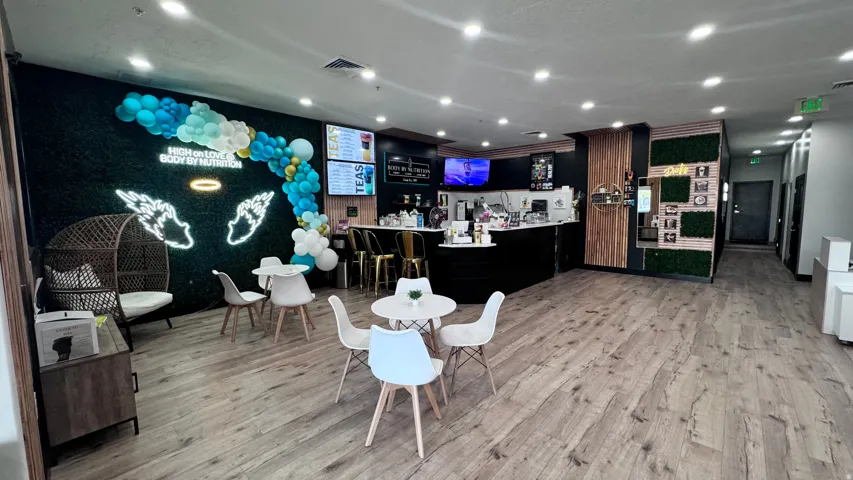 Wood-finish flooring throughout the space