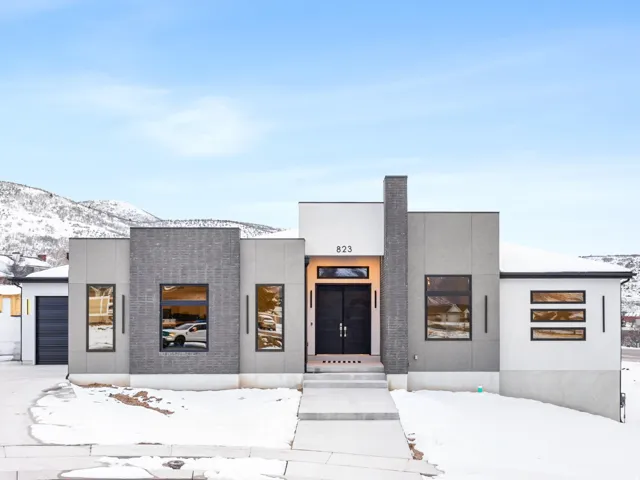 Modern exterior with a stone-clad facade, integrated garage, concrete driveway, and a front entry with double doors