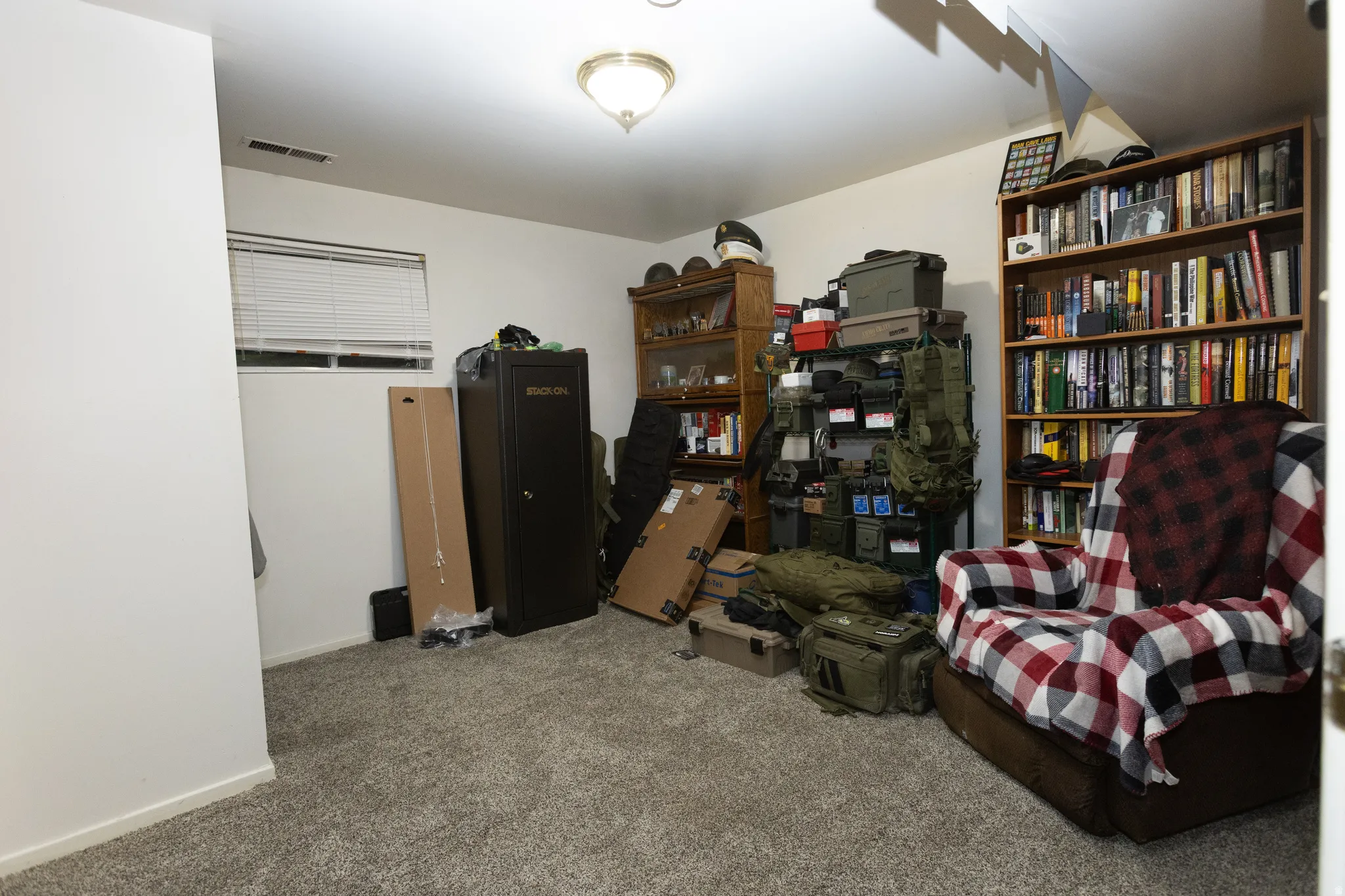 Carpeted room with a ceiling-mounted light fixture, a window with horizontal blinds, and white walls
