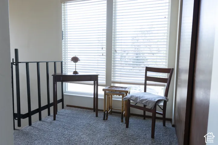 Carpeted floor with a large window, horizontal blinds, and a built-in wood panel