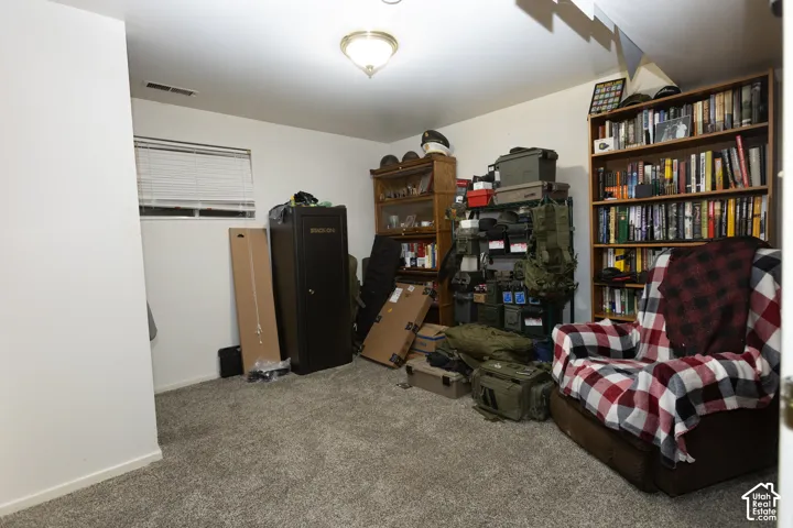 Carpeted room with a ceiling-mounted light fixture, a window with horizontal blinds, and white walls