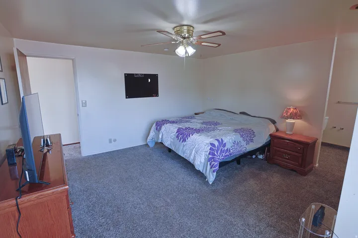 Carpeted room with a ceiling fan, light-toned walls, and an open doorway